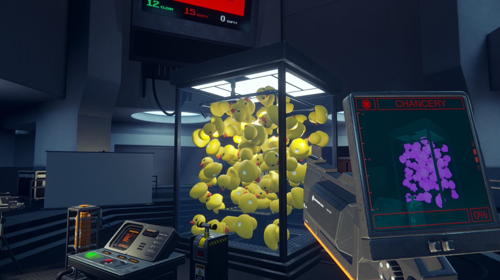 A containment cube filled with rubber ducks